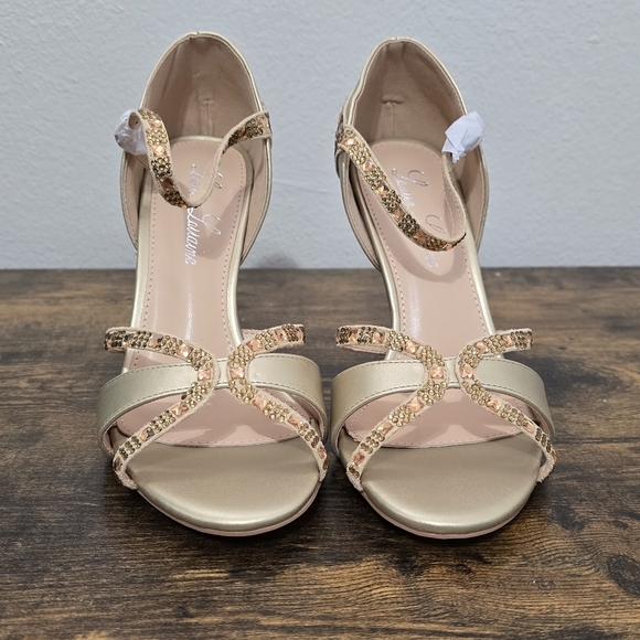 Lauren Lorraine Daisey Gold Rhinestone Embellished Stiletto Heel Sandal 6.5 - Picture 4 of 10